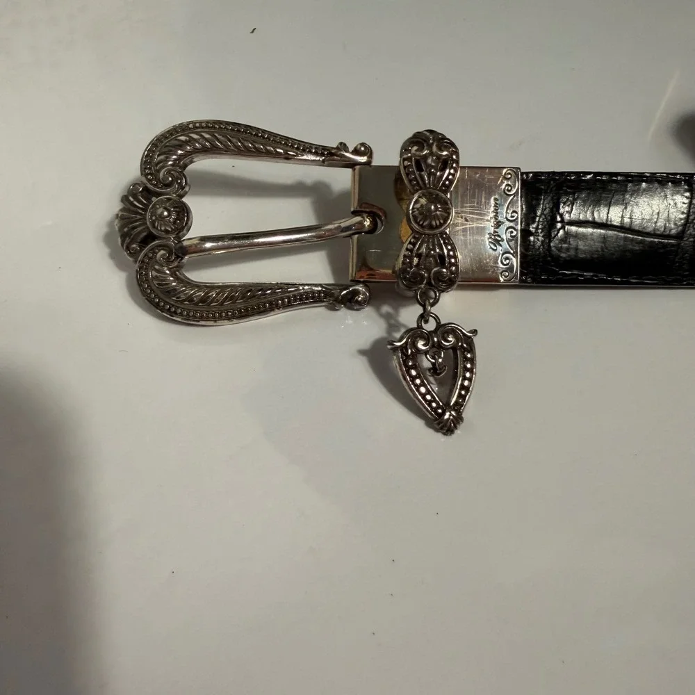 Brighton Black Croc Embossed Leather Belt Silver Heart Charm Buckle Western 34